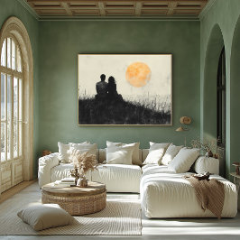 Poster Casal observando o pôr do sol em arte negra e bran