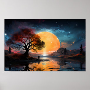 Poster Casal observando o Sol perto do lago