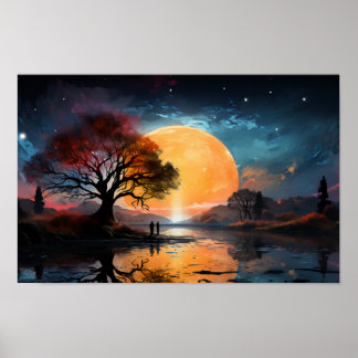 Poster Casal observando o Sol perto do lago