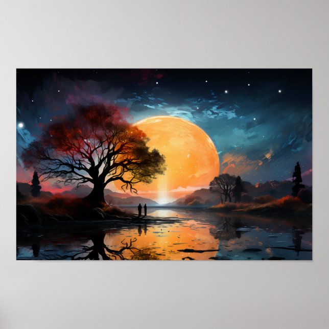 Poster Casal observando o Sol perto do lago (Frente)