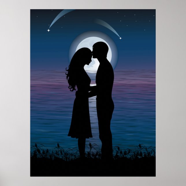 Póster Casal Romance Silhouette Na Costa Do Lago (Frente)
