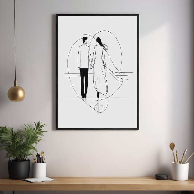 Póster Casal Romântico de linha minimalista segurando mão (Criador carregado)