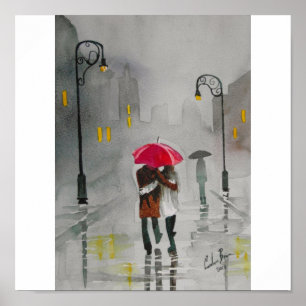 PÓSTER CASAL ROMÂNTICO DO GUARDA-CHUVA VERMELHO DO DIA