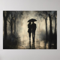 Casal Romântico na Chuva – Arte Minimalista a Carv