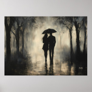 Poster Casal Romântico na Chuva – Arte Minimalista a Carv