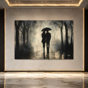 Poster Casal Romântico na Chuva – Arte Minimalista a Carv