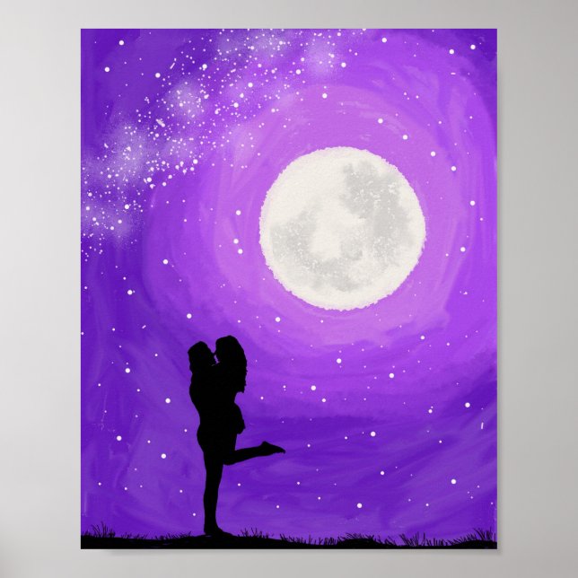 Poster Casal Romântico Noite Roxa Lua Cheia Estrelas Enco (Frente)