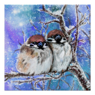 Póster Casal Sparrows No Poster de Inverno - Pintura