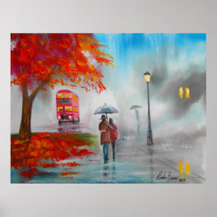 Póster Casal vermelho do ônibus do dia chuvoso da queda