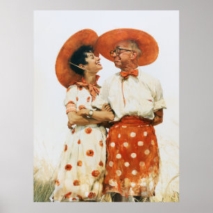 Poster Casal Vintage de Verão com Chapéus Laranja