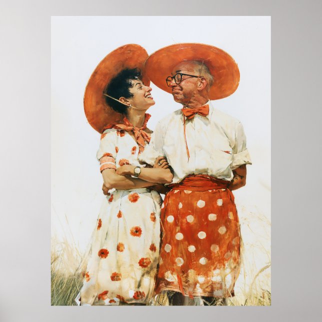 Poster Casal Vintage de Verão com Chapéus Laranja (Frente)