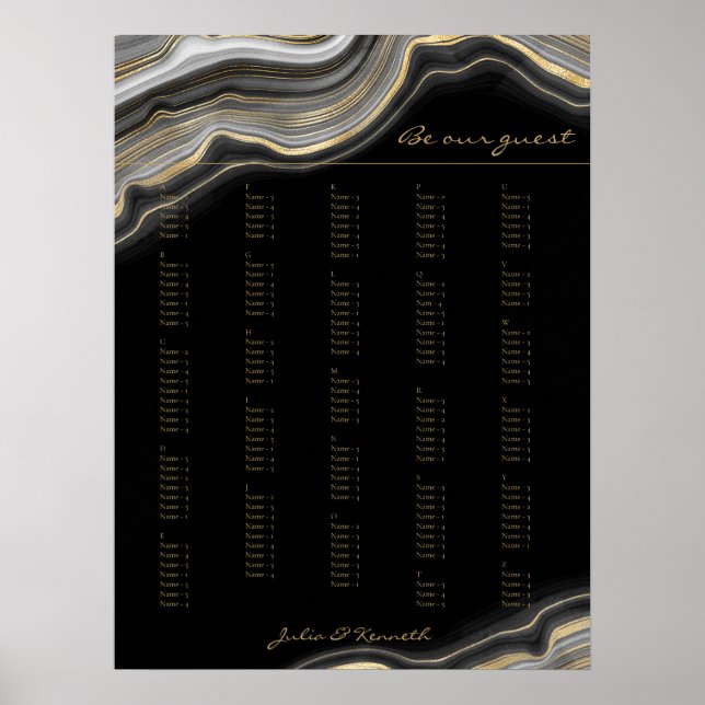 Poster Casamento Alfabético Dourado Marble Preto (Frente)