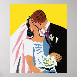 Póster Casamento Antigo, Noivos Recém-Casados Beijando