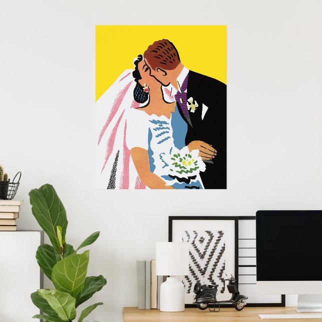 Póster Casamento Antigo, Noivos Recém-Casados Beijando (Escritório em casa)