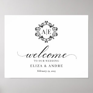 Poster Casamento Antiquado de Monograma de Crest Preto e