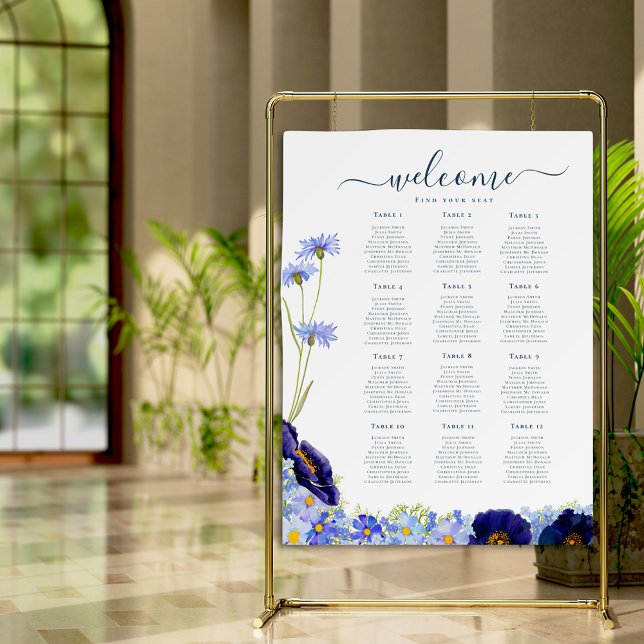 Póster Casamento Azul de Flor Selvagem Moderno (Elegant wildflower blue floral wedding 12 table seating plan welcome)
