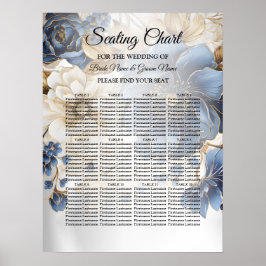 Poster Casamento Azul Marinho Branco Floral Dourado Prata