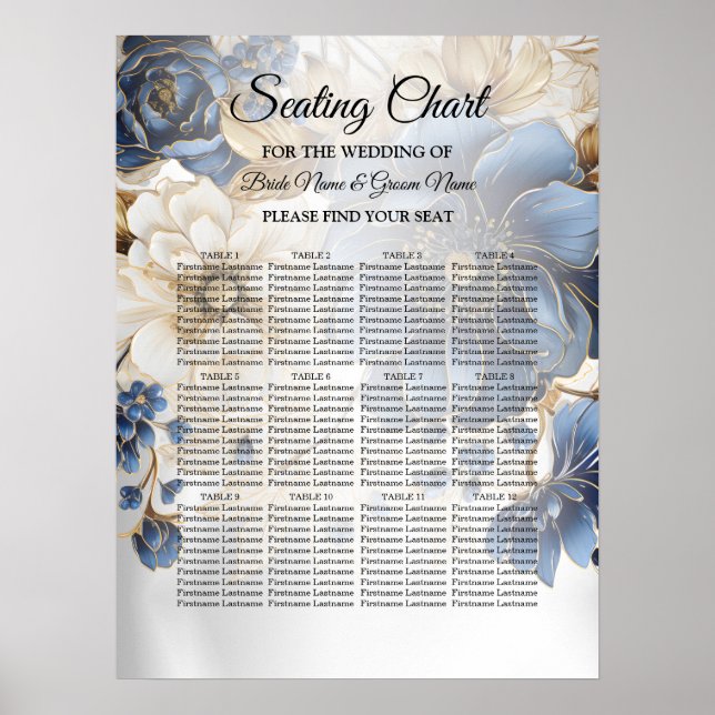Poster Casamento Azul Marinho Branco Floral Dourado Prata (Frente)