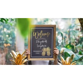 Poster Casamento Bem-vindo Abacaxi Dourado Casal Azul Mar