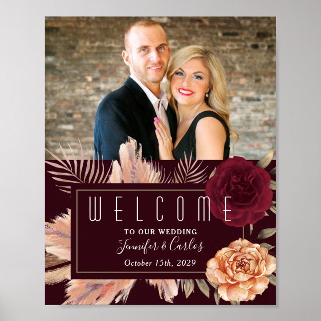 Poster Casamento Bem-vindo Floral Burgundy Temperamental (Frente)