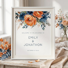 Poster Casamento Bem-vindo Floral Laranja Queimada Marinh