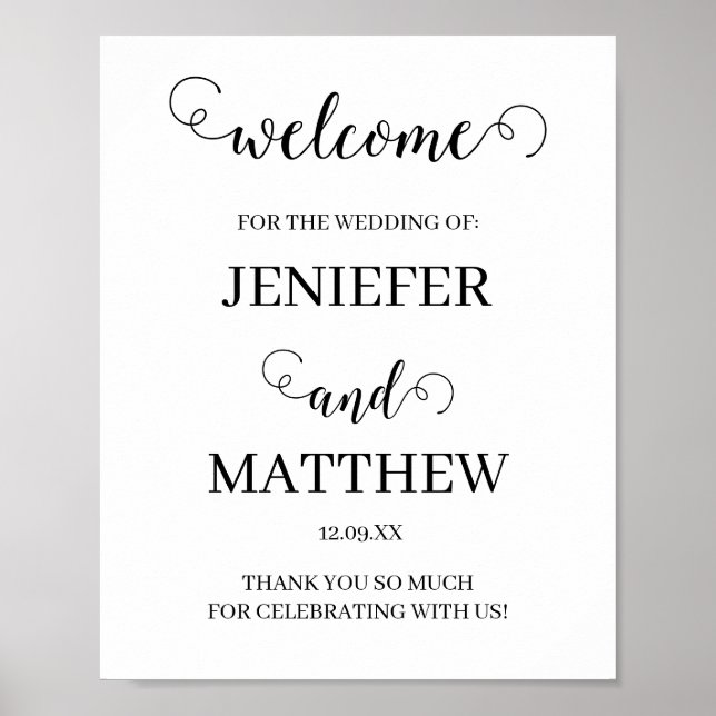 Poster Casamento bonito De Caligrafia Preto E Branco (Frente)