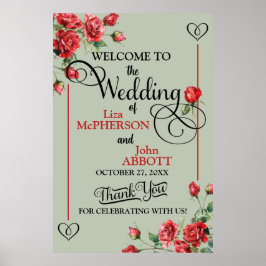 Poster Casamento bonito de sábio verde e Rosas vermelhas