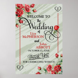 Poster Casamento bonito de sábio verde e Rosas vermelhas