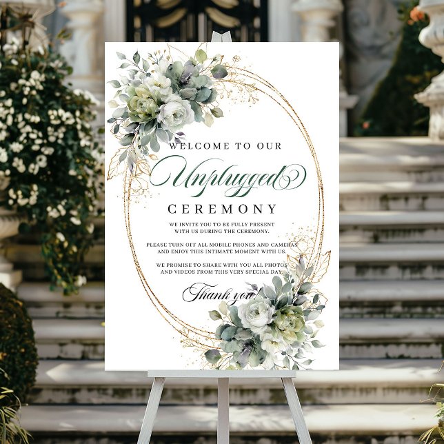 Poster Casamento Botânico Branco Verde Cerimônia Desconec (Green White Botanical Unplugged Ceremony Wedding Poster)