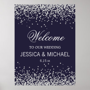 Poster Casamento Brilhante Azul Naval Prateado Glitter El