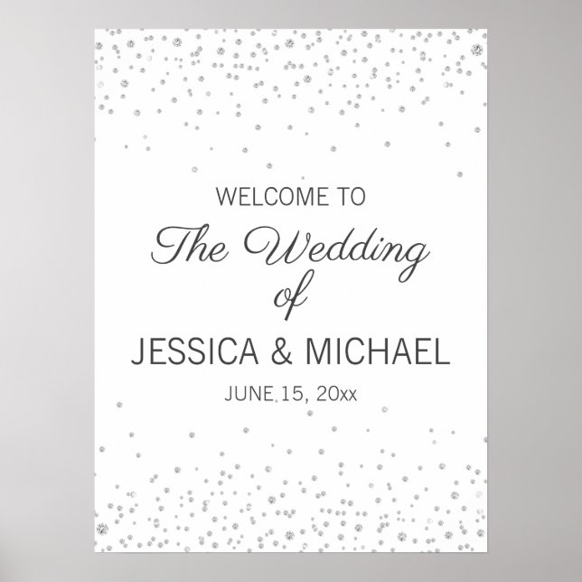 Poster Casamento Brilhante de Diamante Prata Branco Elega (Frente)