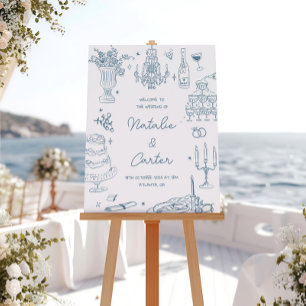 Póster Casamento Caprichoso Mão Desenhada Azul Desbotado