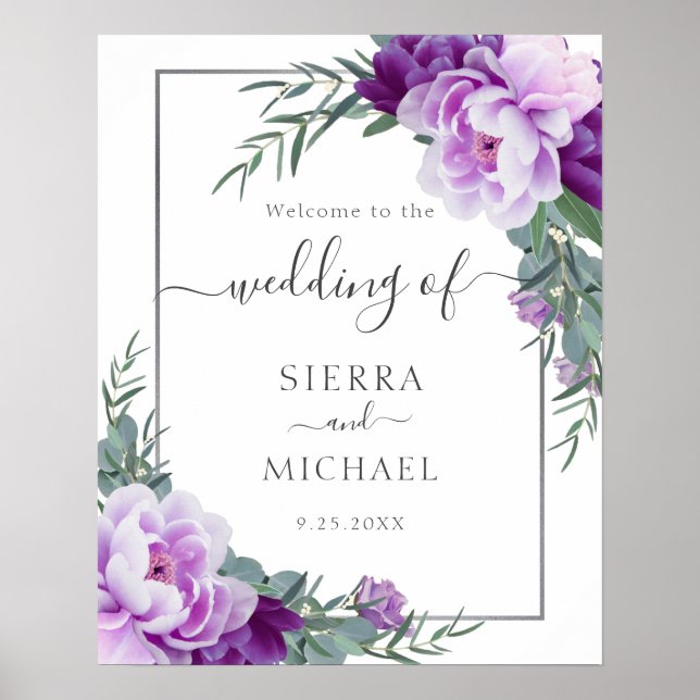 Poster Casamento Chic Silver & Purple Floral Eucalyptus (Frente)