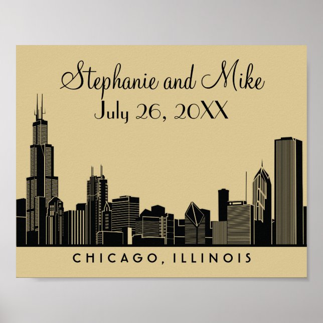 Póster Casamento Chicago Skyline Dourado e Preto (Frente)