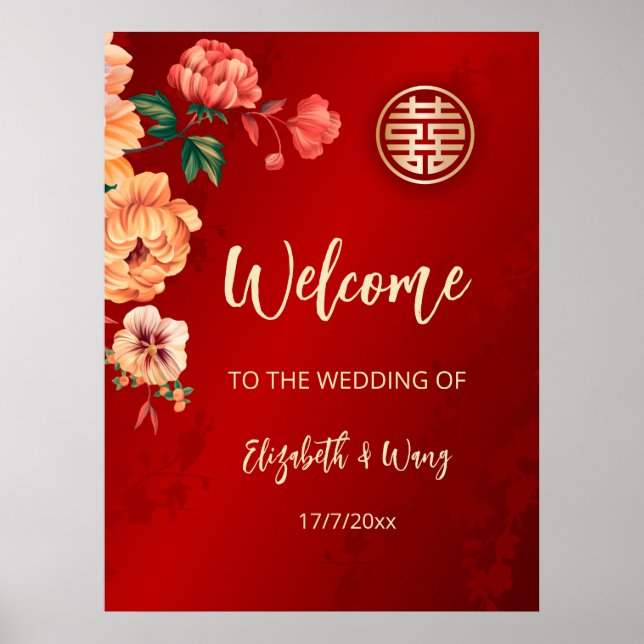 Poster Casamento Chinês Peônia Boas-Vindas Casamento (Frente)