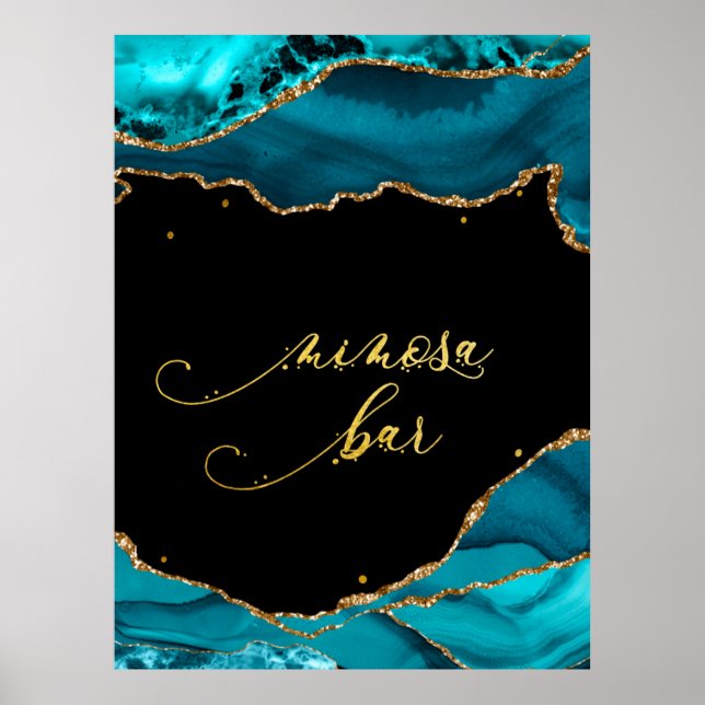 Poster Casamento com Bar Dourado de Agate Mimosa, em Teal (Frente)
