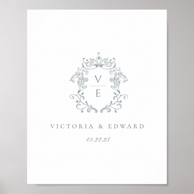 Poster Casamento com Brasão Monograma Azul Empoeirado (Frente)