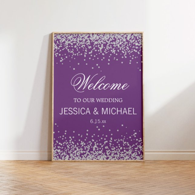 Poster Casamento com Brilho Prateado Espelhado Roxo (Custom purple "Welcome to our wedding" with silver glitter)