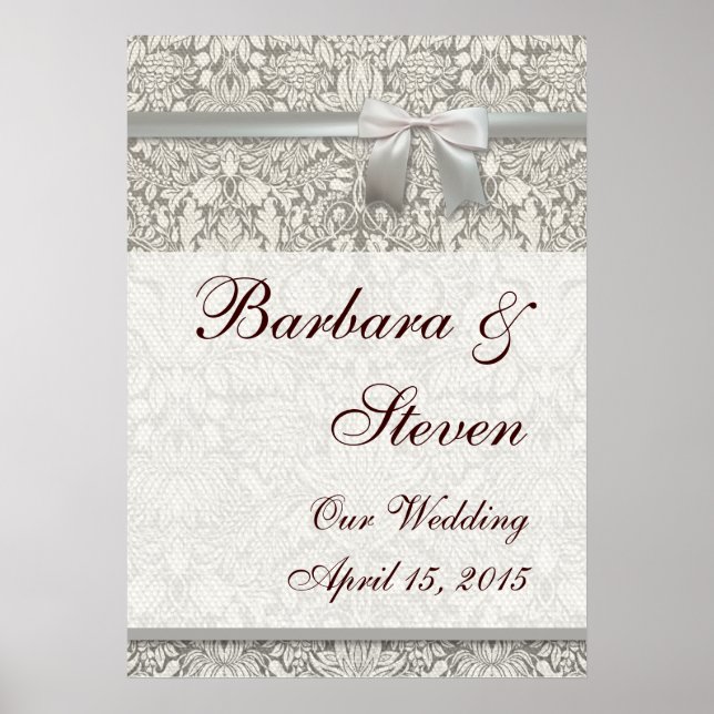 Póster Casamento com Damask Vintage White Casamento Antig (Frente)