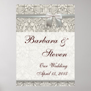 Póster Casamento com Damask Vintage White Casamento Antig