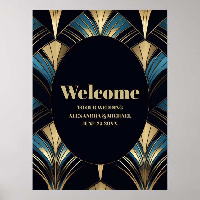 Poster Casamento com Deco Azul e Dourado (Frente)