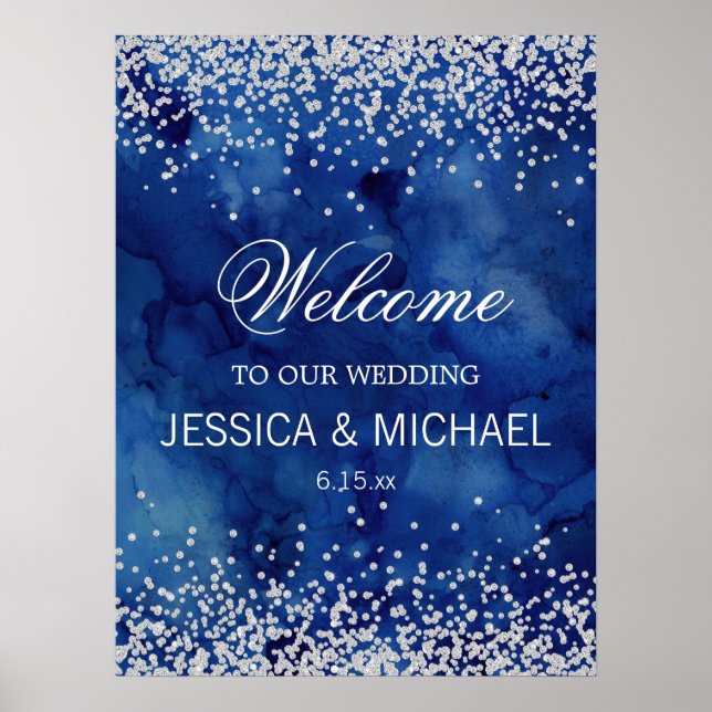 Poster Casamento com Glitter Prata Azul Naval Aquarela (Frente)