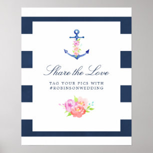 Poster Casamento com Hashtag Floral Náutico em Aquarela