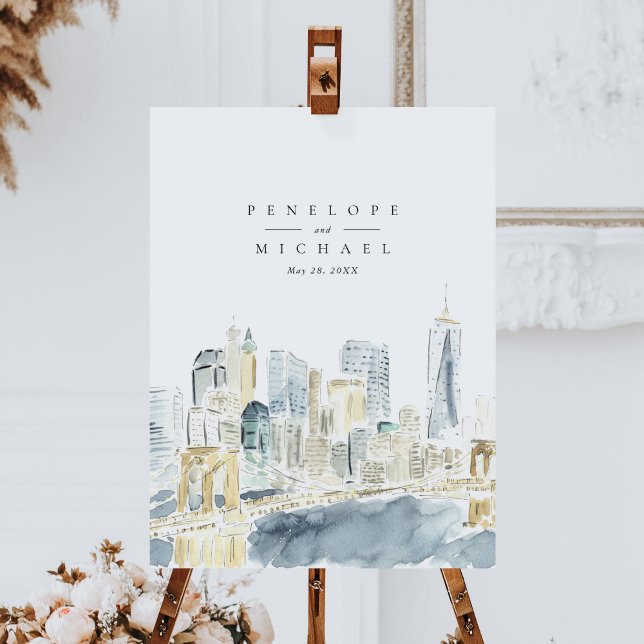 Poster Casamento com Silhueta da Cidade de Nova York em A (Watercolor New York City skyline wedding welcome sign.)