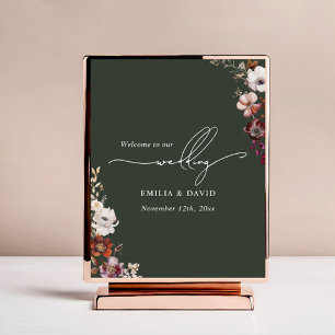 Poster Casamento da Caligrafia Verde Floral Escura