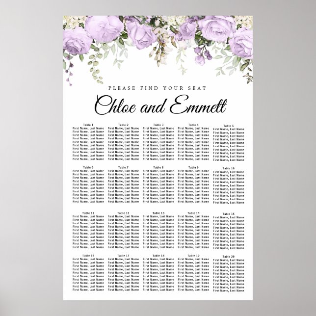 Poster Casamento de 20 Mesas com Floral Roxo Grande (Frente)