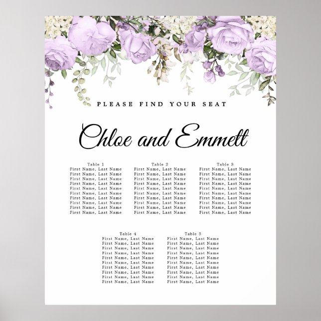 Poster Casamento de 5 Mesas com Floral Roxo Grande (Frente)