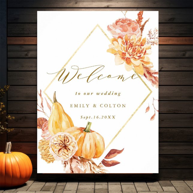 Poster Casamento de Abóbora Floral Dourada de Queda Rústi (Criador carregado)