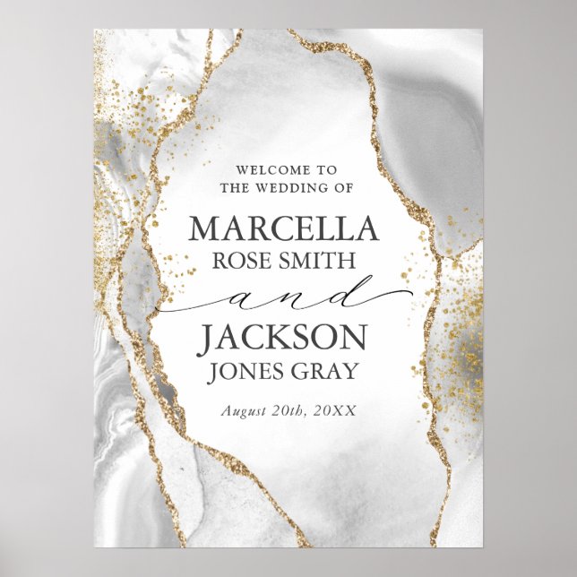 Poster Casamento de Agata de Cinza, Dourada e Branca (Frente)