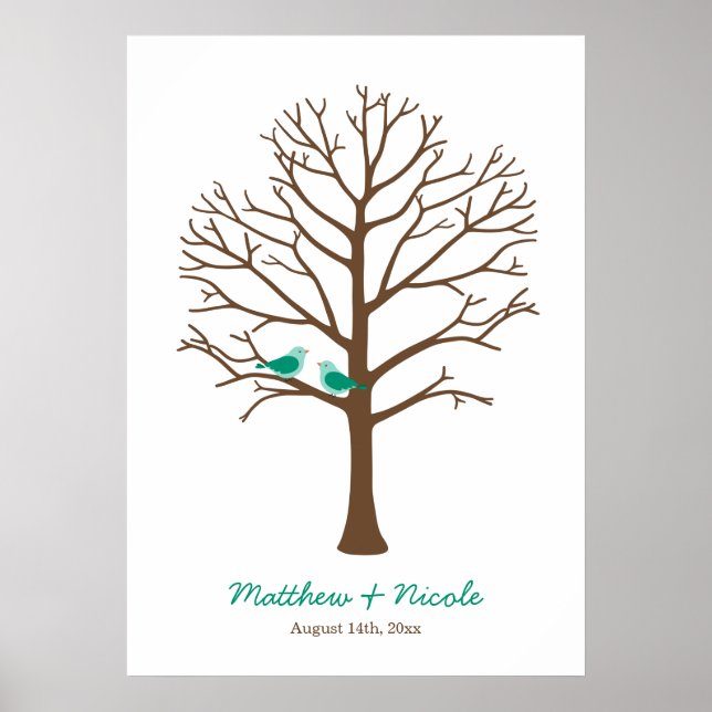Póster Casamento de Árvore Impressa em Pássaros Marrons E (Frente)
